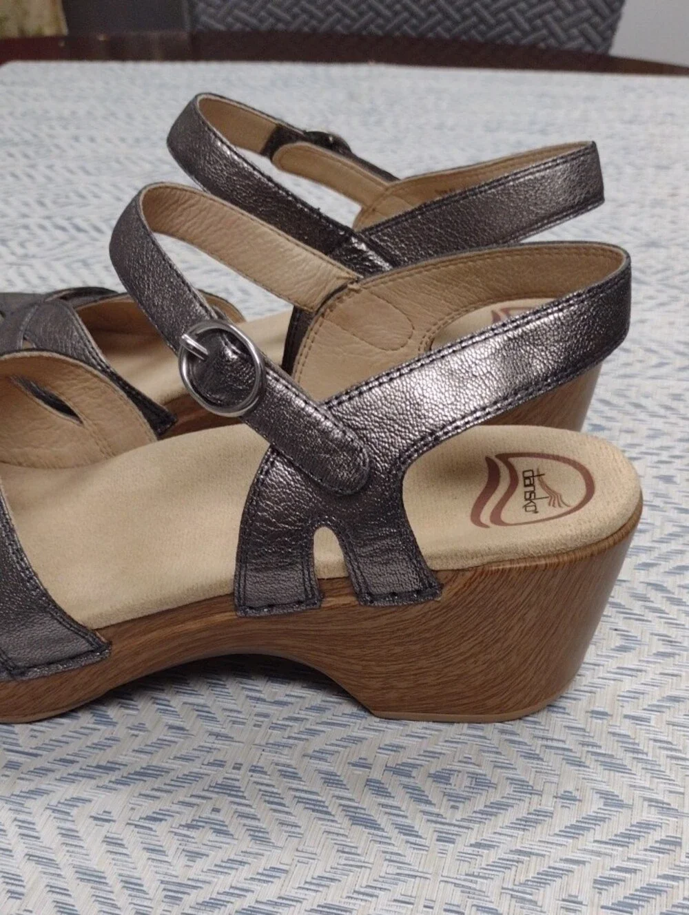 Dansko Silver Leather Wedge Sandals with Wood-Look Heel